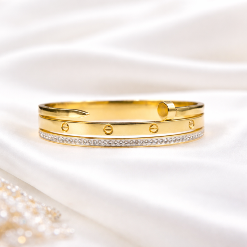 Gold Luxury Tennis Anti Tarnish Bracelet Set with Screw Rivet Detail – Stackable Designer Bangles