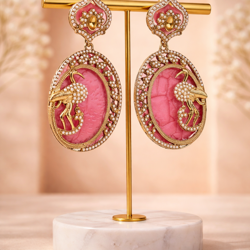 Pink Coral Peacock Gold Drop Earrings – Ethnic Wedding Chandbali Earrings