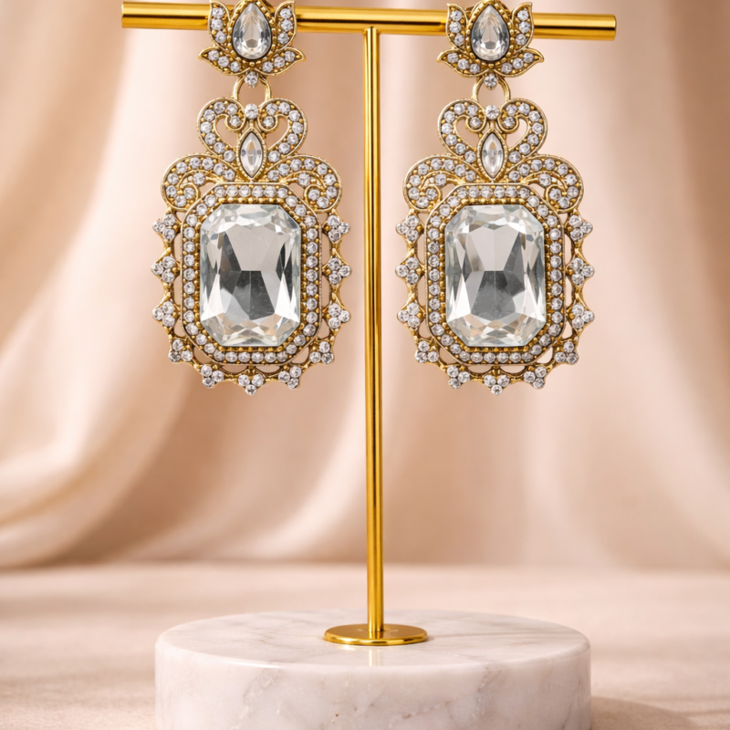 Antique Gold Emerald Cut Crystal Drop Earrings – Bohemian Ethnic Jewelry