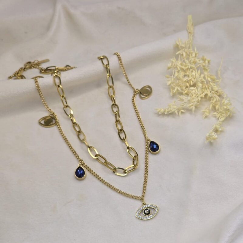 Layered Evil Eye Necklace with Blue Charms | Protective Statement