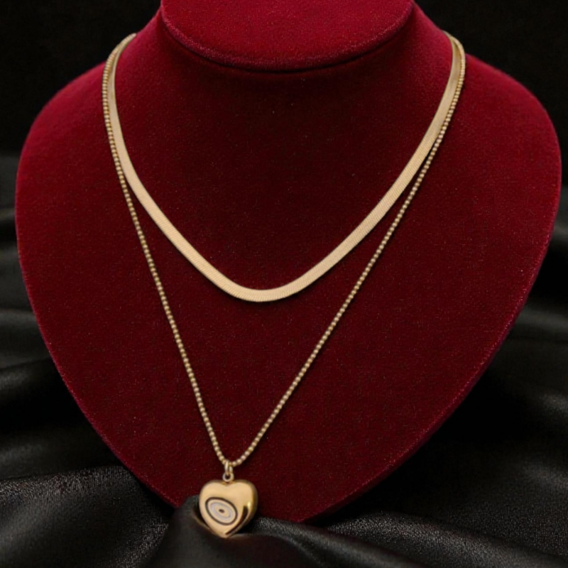Two-Layer Heart Evil Eye Necklace | Protective Stylish Jewelry