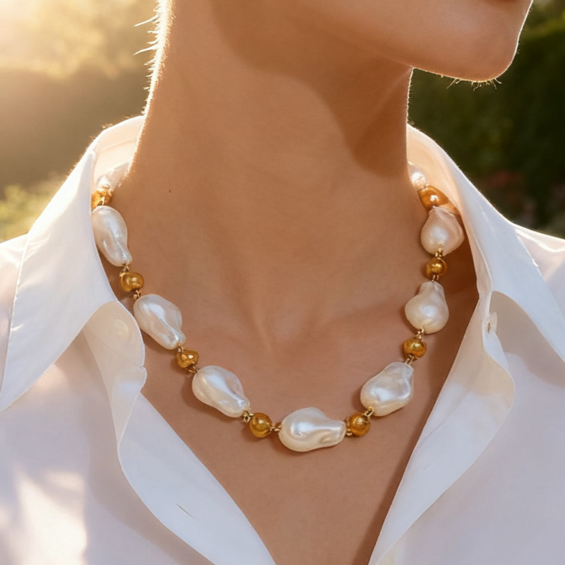 Elegant Vintage Design Copper Beads Pearl Necklace