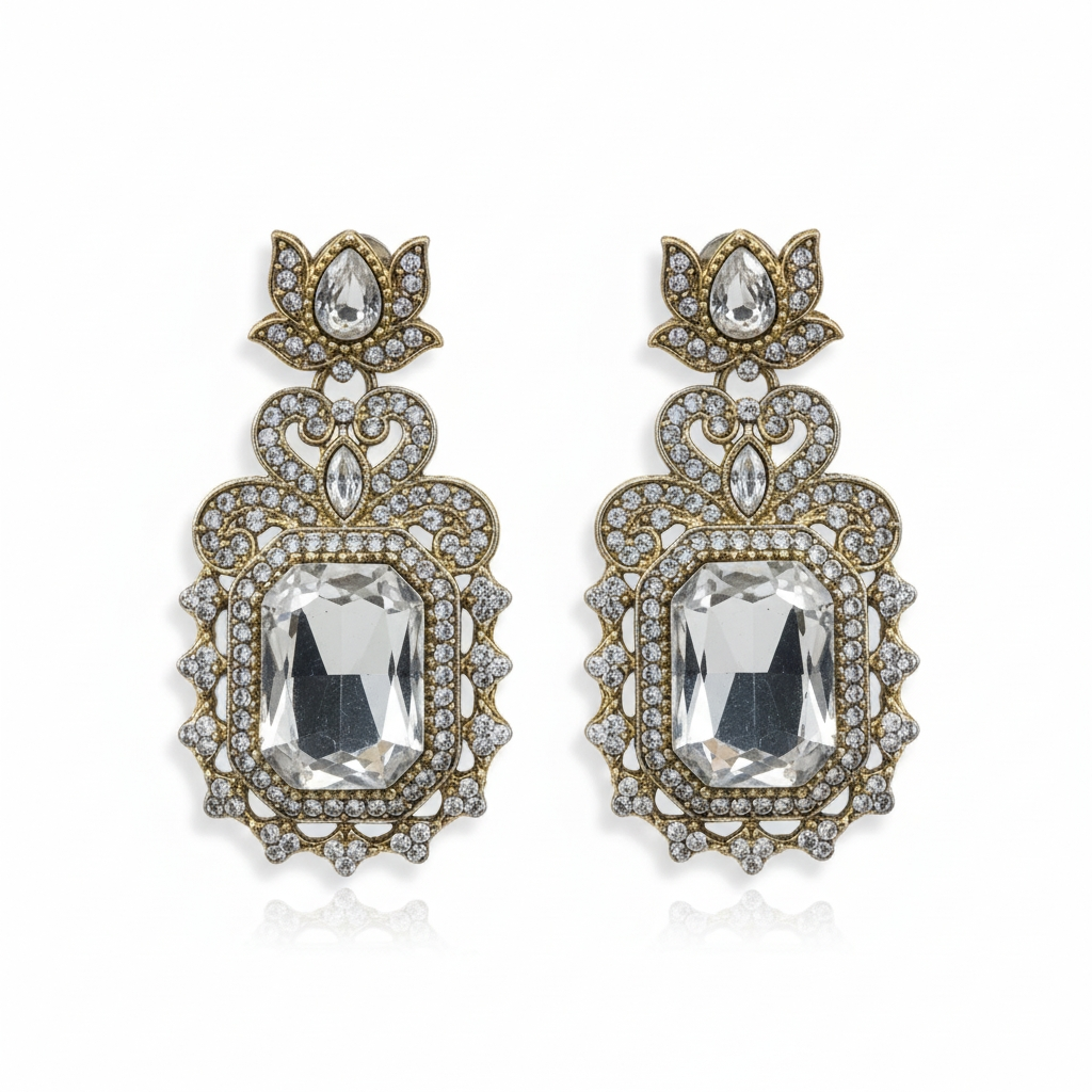 Antique Gold Emerald Cut Crystal Drop Earrings – Bohemian Ethnic Jewelry