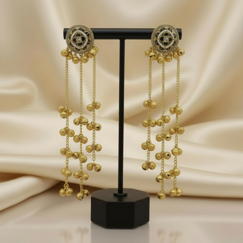 Antique Gold Long Ghungroo Earrings for Women – Multi-Layer Jhumki Drops