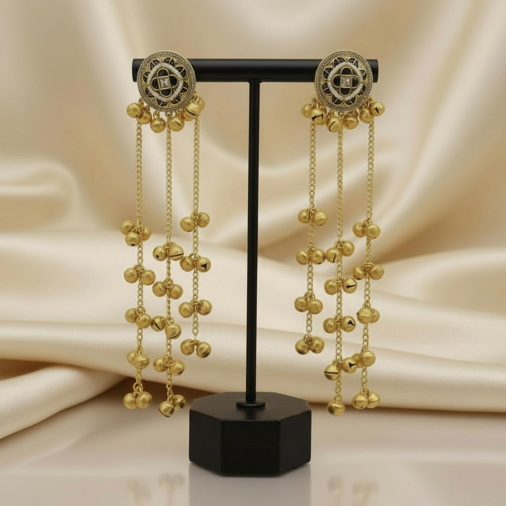 Antique Gold Long Ghungroo Earrings for Women – Multi-Layer Jhumki Drops