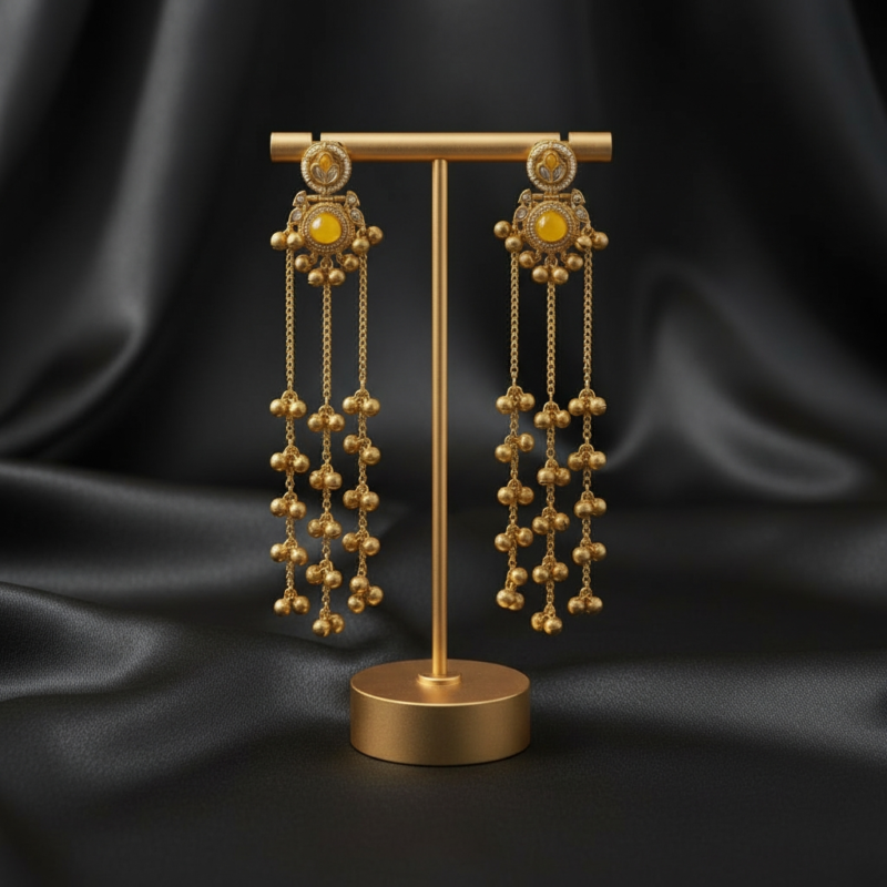 Yellow Teardrop Stone Gold Jhumka Earrings with Chain Tassels – Ethnic Wedding Jewelry