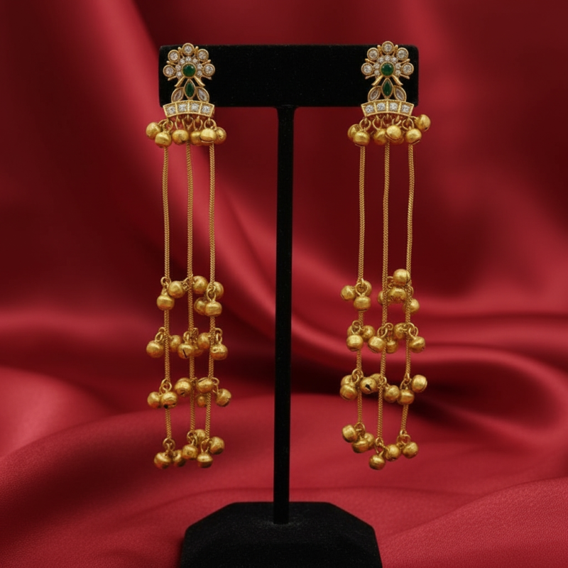 Red Stone Gold Kashmiri Earrings with Multi-Tier Ghungroo Drops – Festive Ethnic Jewelry