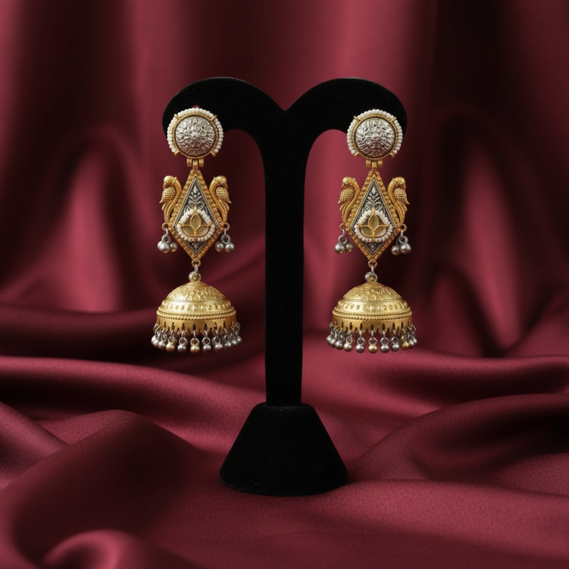 Peacock Motif Gold Jhumka Earrings with Pearl Drops – Traditional Ethnic Jewelry