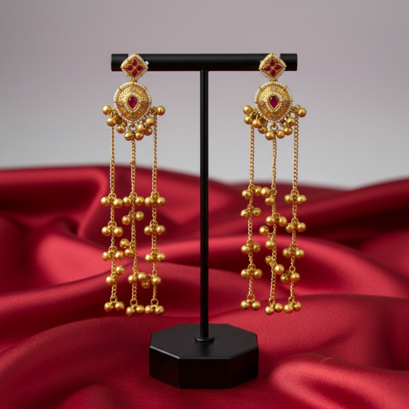 Elegant Gold Chandelier Earrings with Ruby & Ghungroo Drops