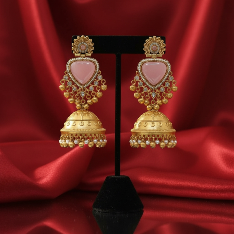 Stone Jhumka Earrings with Gold Chandbali Design – Ethnic Wedding Jewelry