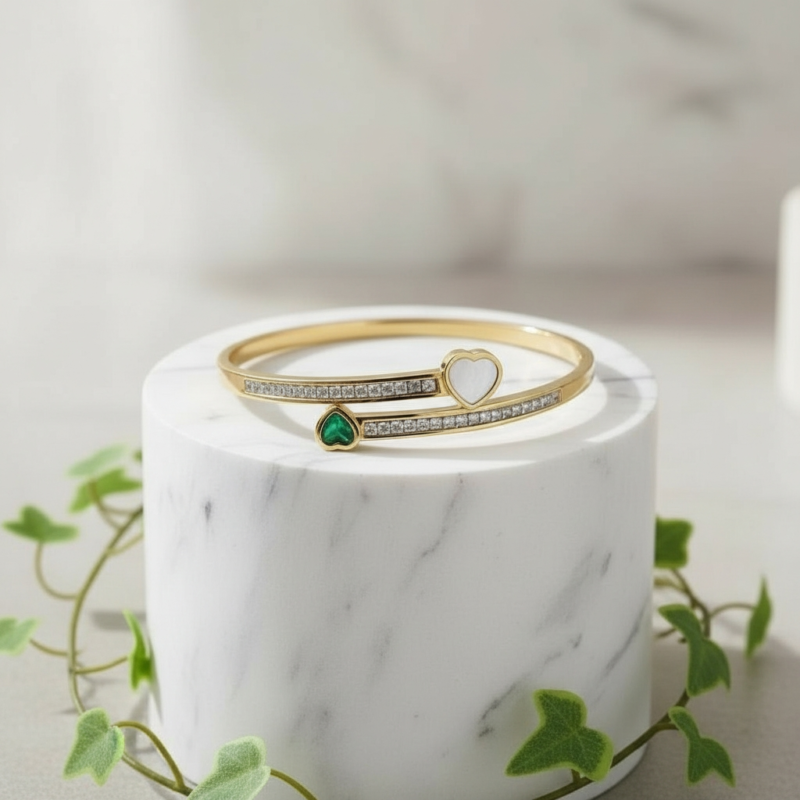 Green Heart Pearl Gold Wrap Anti Tarnish Bracelet – Elegant CZ Pave Cuff Bangle