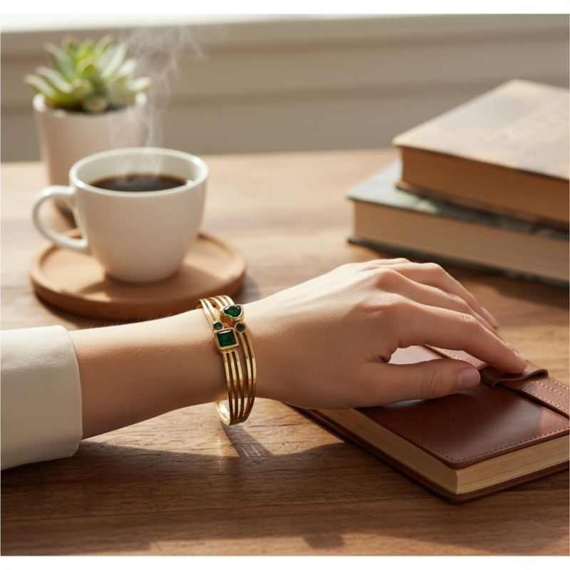 Green Stone Gold Anti Tarnish Cuff Bracelet with Heart & Square Motifs – Statement Bangle