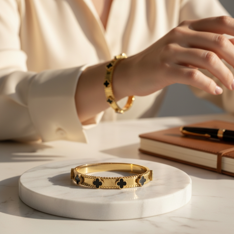 Gold Cuff Anti Tarnish Bangle with Black Onyx Cross Motifs – Luxury Statement Bracelet