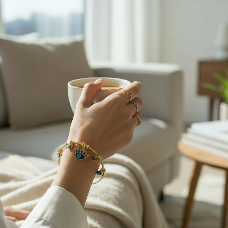 Gold Evil Eye Charm Bracelet for Protection & Style