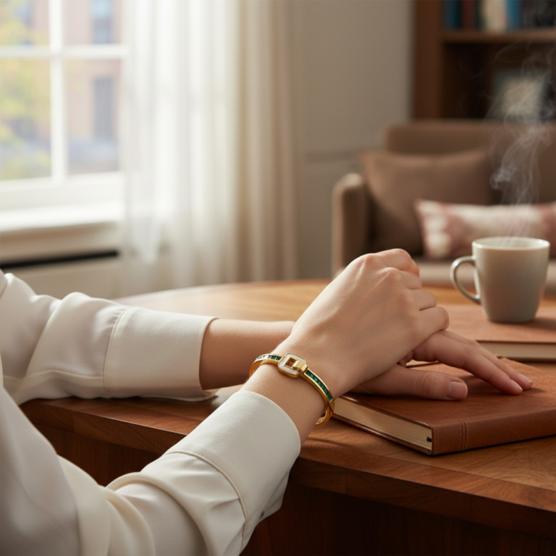 Elegant Art Deco Inspired Gold Bangle with Emerald Stones & Mother of Pearl