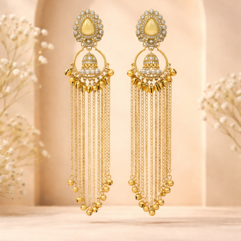 Yellow Stone Gold Kashmiri Earrings with Beaded Tassel Drops – Ethnic Festive Jewelry