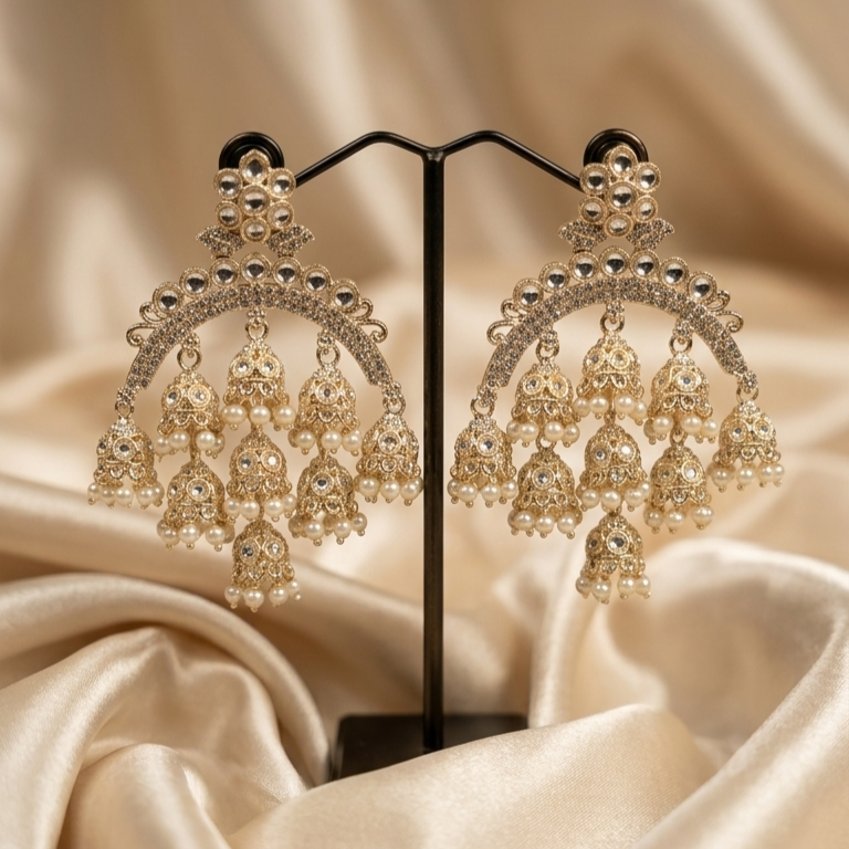 01Set Antique Gold-Tone Pearl Jhumka Chandbali Earrings for Women | Traditional Bridal Jewellery