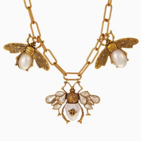 Bohemian Pearl Animal Bee Necklace Copper Plated Real Golden Full Zirconia Necklace
