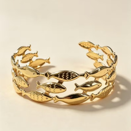 An Elegant Bohemian-style Fish-shaped Open Bangle for Ladies, Suitable for Daily Wear During Beach Vacations, Parties and Dates. It Makes a Great Gift for a Lady's Birthday or Valentine's Day.
