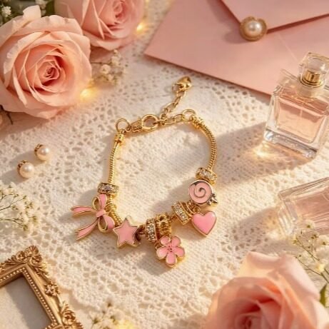 1pc Gentle Pink Bead Bracelet, Bow Flower Heart Pendant Hand Jewelry, Girly Daily Gift All-Match Adjustable Bracelet