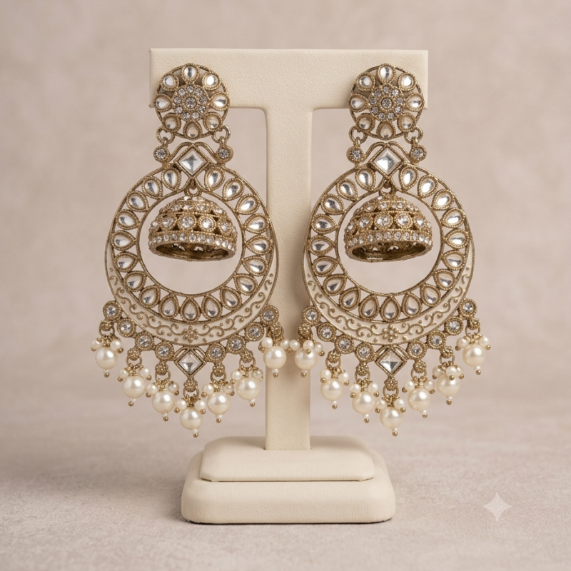 1Set Antique Gold Kundan Pearl Jhumka Earrings for Women | Traditional Indian Bridal & Festive Jewellery