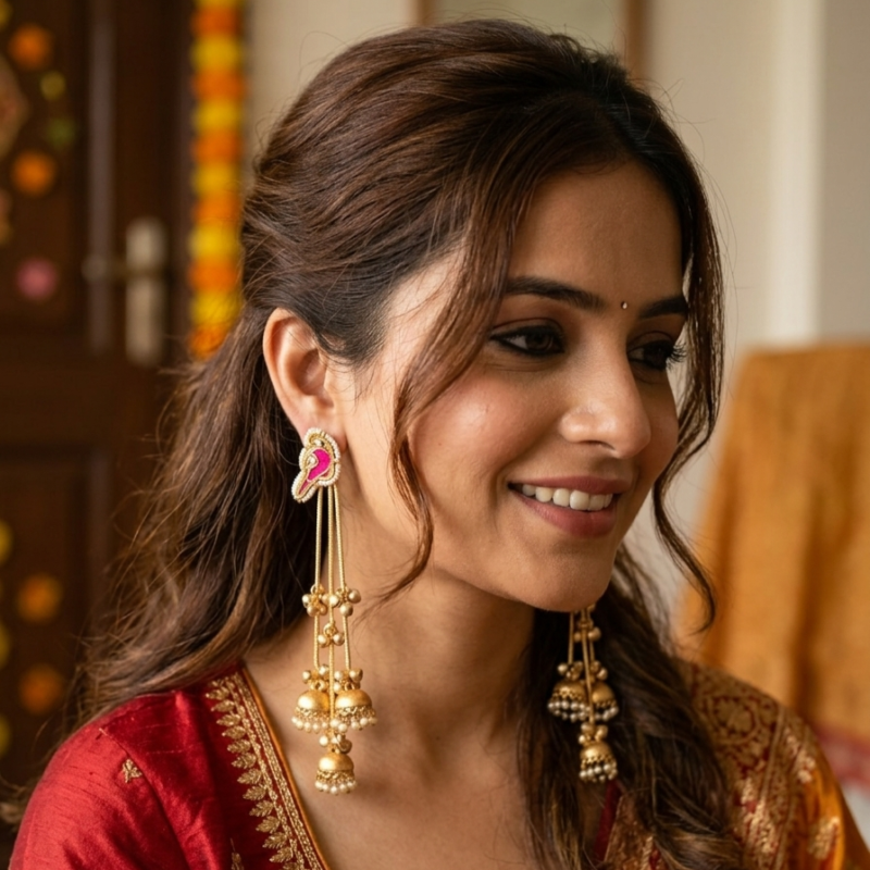 1Set Gold-Tone Bird Motif Long Jhumka Earrings with Pearl Drops for Women | Traditional Ethnic Jewellery