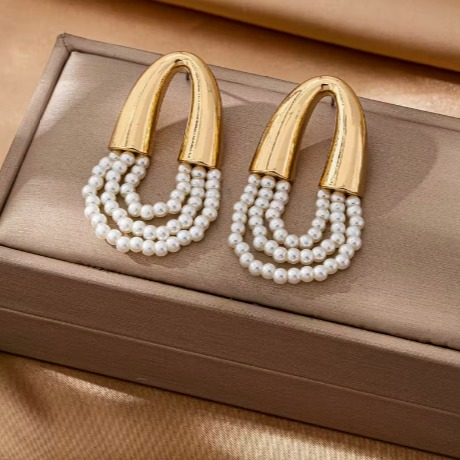 Bohemian Oval Faux Pearl Earrings – Elegant Beaded Metal Jewelry for Women