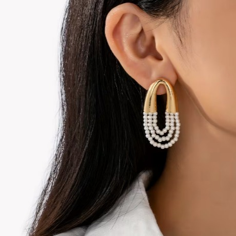 Bohemian Oval Faux Pearl Earrings – Elegant Beaded Metal Jewelry for Women