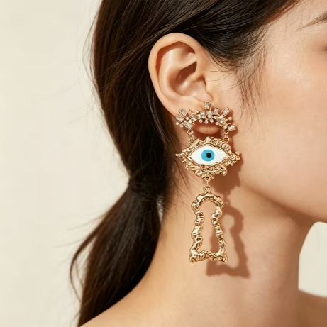 Retro Devil Eye Long Pendant Earrings – Elegant Antique Gold Dangle Jewelry
