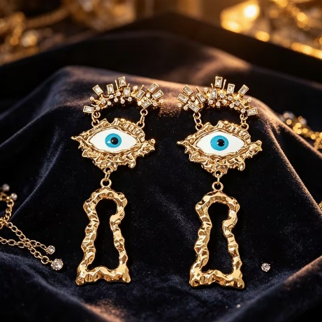 Retro Devil Eye Long Pendant Earrings – Elegant Antique Gold Dangle Jewelry