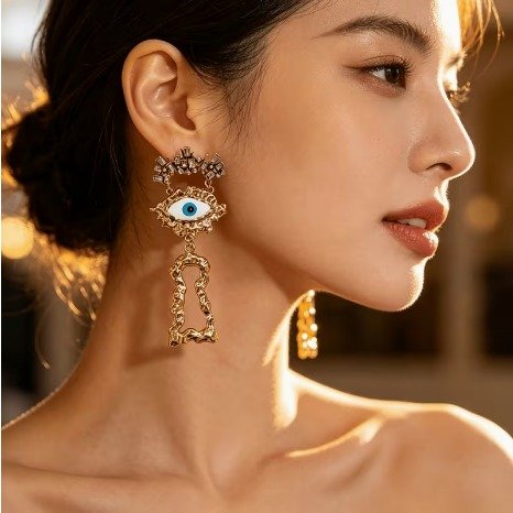 Retro Devil Eye Long Pendant Earrings – Elegant Antique Gold Dangle Jewelry